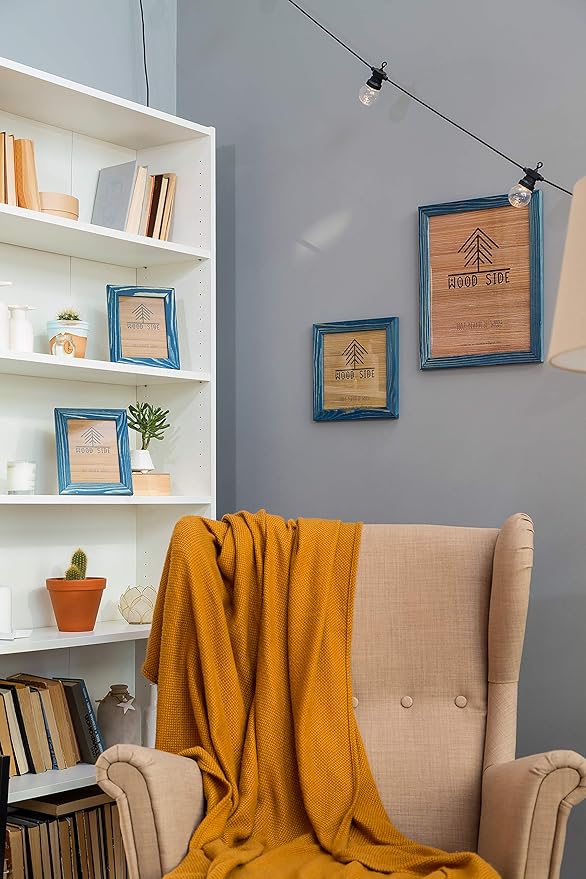 Rustic Wooden Picture Frames 4x6 - Set of 2-100% Natural Eco Solid Wood and High Definition Real Glass for Table Top and Wall Mounting Photo Frame - Navy Blue