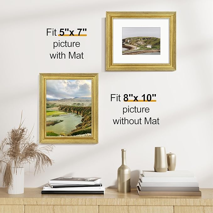 Vittanly 8x10 Picture Frames Set of 2, Ornate Vintage Photo Frame for Wall or Tabletop, Display 5x7 Pictures with Mat or 8x10 without Mat, Rustic Gold