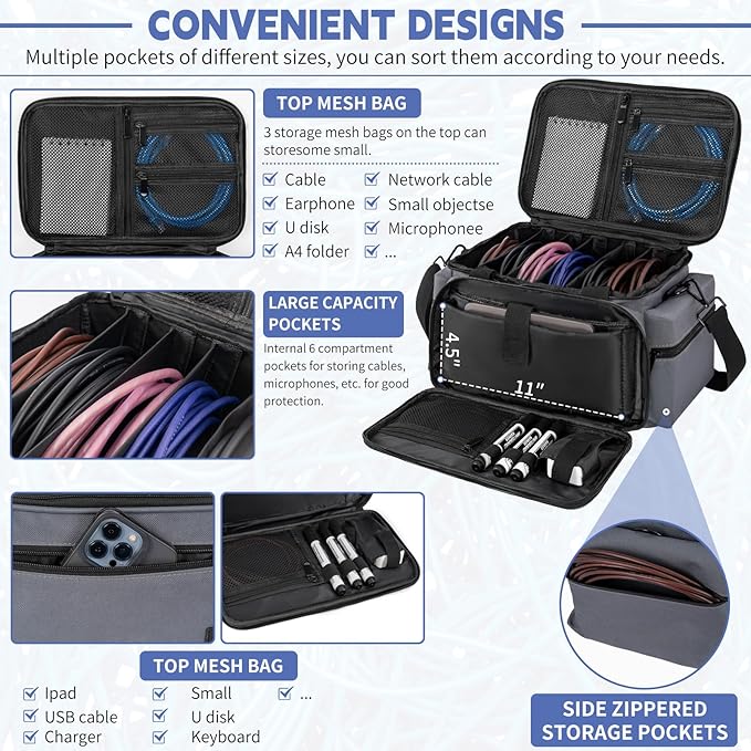 AKOZLIN Cable File Bag with Detachable Dividers for DJ Gear, Sound Instrument Accessories