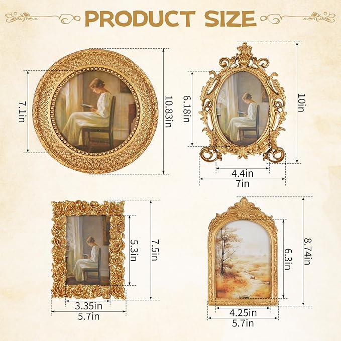 4 Pcs Gold Vintage Picture Frames for Tabletop Display Wall Hanging, Ornate Antique Photo Frame with Stand and Hanging Hook, Royal Style Wall Art Decor for Home Wedding Gallery Photography Props