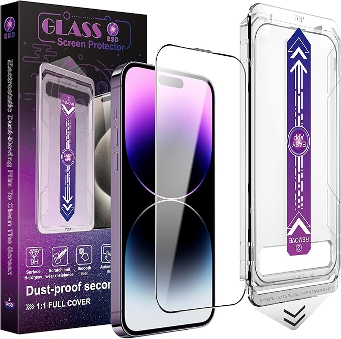 CHRYSHA 2 Pack Screen Protector for iPhone 14 Pro Max/iPhone 15 Plus/iPhone 16 Plus, 9H Tempered Glass, Full Coverage, Anti-Fingerprint, Auto Dust-Elimination, No Bubble, Easy Installation