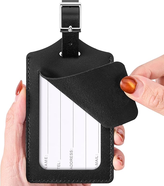 Mayski 4 Pack Genuine Leather Luggage Tags for Suitcases TSA Approved Durable Baggage Tags, Travel Essentials for Flying, Black