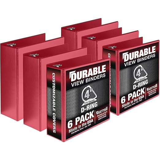 Samsill Durable 4 Inch Binder, Made in The USA, Locking D Ring Binder, Customizable Clear View Cover, Red, 6-Pack, Holds 775 Pages