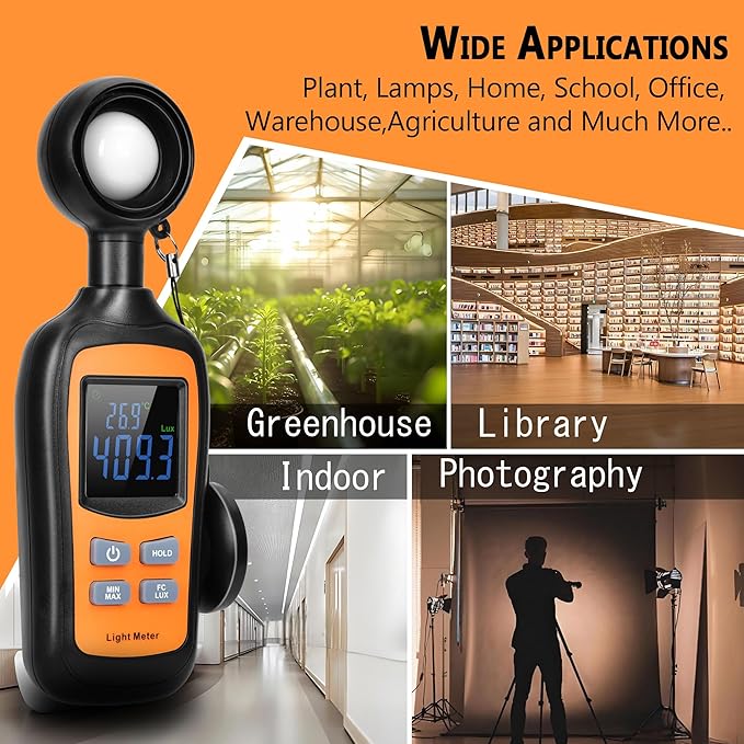 Handheld Digital Light Meter,4 Digit Color Screen Illuminance Meter with Ambient Temperature Measurer,Range up to 200,000 Lux Luxmeter,for Photography Plants Lighting Intensity Brightness Measurement
