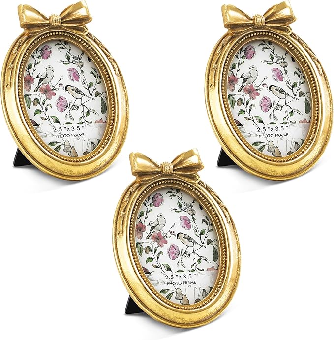 Vicenpal 6 Pcs Mini Gold Frames Small Vintage Picture Frames 2.5 x 3.5 Inch Oval Resin Antique Baroque Ornaments with Glass Panel and Rack Stands