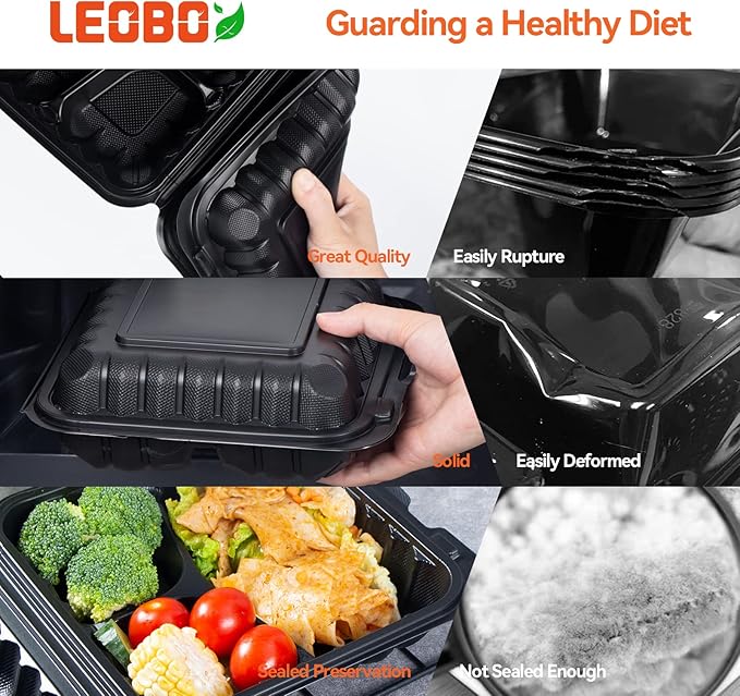 LEOBOX Food Containers Mineral Filled PP Plastic - 55 Pack 34oz 8 Inch | Shrink Wrap BPA Free Lunch Boxes | Freezer & Microwave Safe for Meal Prep | Black 3 Compartment Disposable Takeout Container