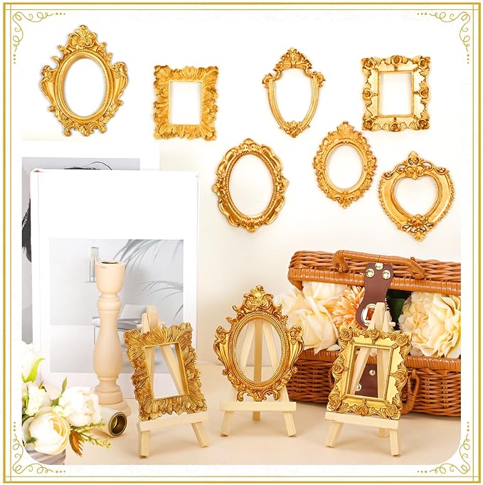 Remerry 10 Pcs Gold Vintage Picture Frame Antique Mini Frame Small Photo Display Miniature Tiny Resin Jewelry Display 4 Inch Wooden Stand for Home Wedding