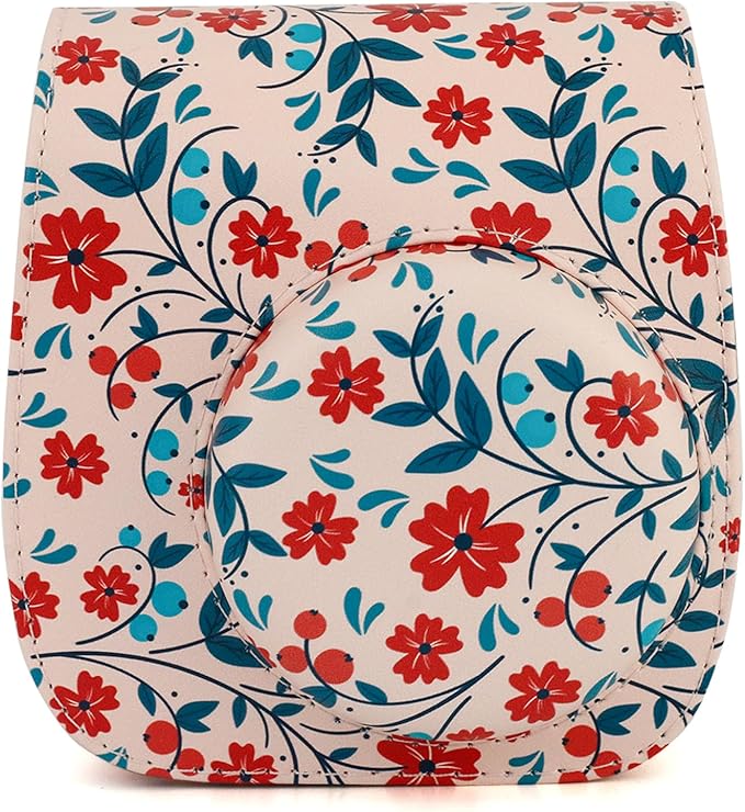 Frankmate Protective Case Fit for Fujifilm Instax Mini 12 11 9 8 Camera, PU Leather Camera Bag with Pocket and Adjustable Shoulder Strap (Red Flowers)