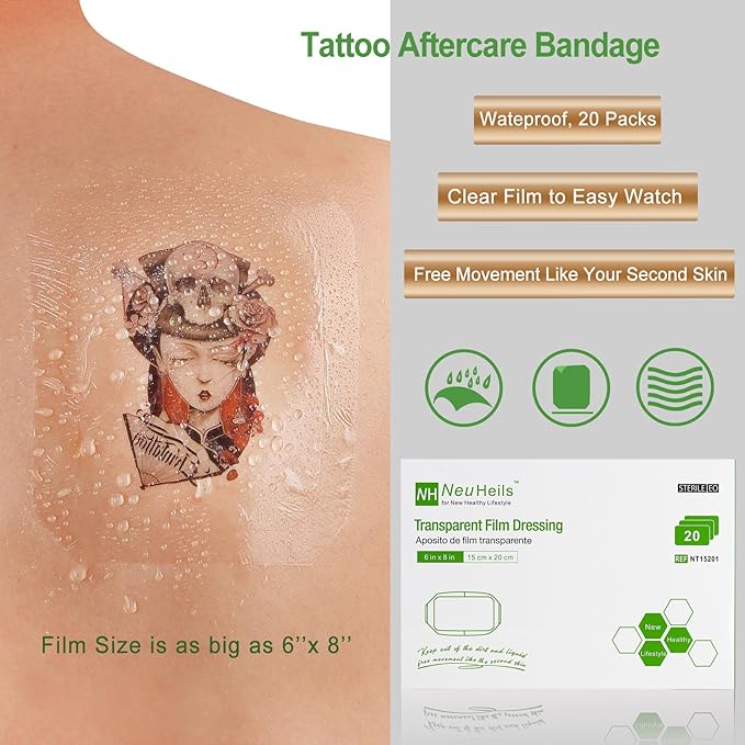NeuHeils Transparent Film Dressing, Size 6''x8'', 20 Packs, Tattoo Aftercare Bandages, Large Waterproof Wound Cover Patch, Post Surgical Shower Shiled, IV Shield, PICC Catheter Shower Cover