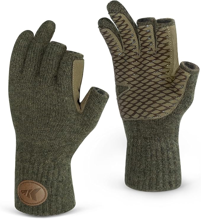 KastKing Bully Wooly 3-Cut Fingerless Wool Fishing Gloves, Cold Weather Warm Winter Gloves for Men & Women, Ice Fishing