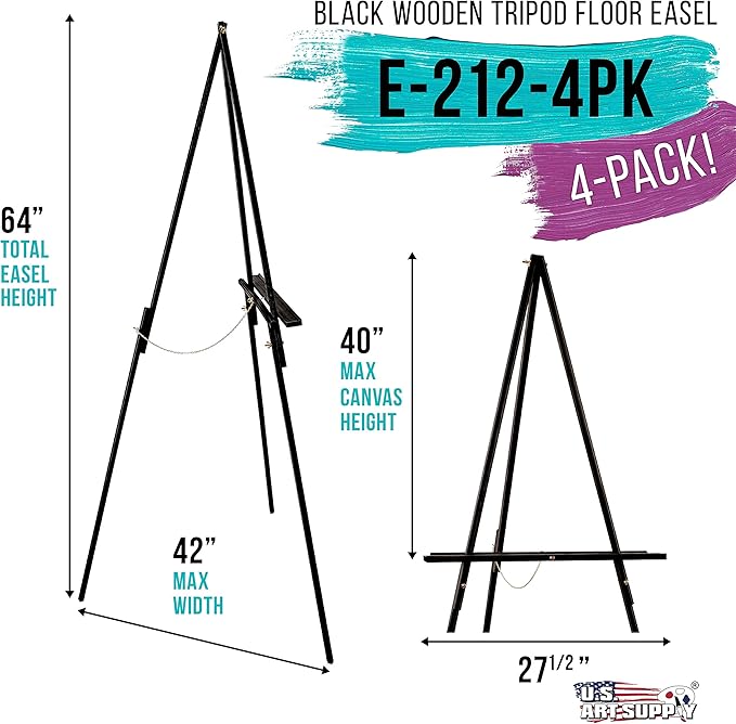 U.S. Art Supply 64" Black Wooden Easel Stand (4 Pack) - Adjustable A-Frame Tripod for Painting, Drawing & Signs - Lightweight Easels, Wood Easel Stand for Sign Wedding Display 40" Canvas Capacity