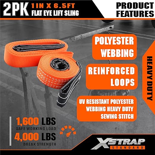 XSTRAP STANDARD 2PCS 1" x6.5ft Lifting Sling 1-Ply Red Web Strap, 2000 LBS Vertical (907 KG), 1600 LBS Choker (725 KG), 5:1 Safety Factor, Twist Eye Polyester Slings for Rigging Hoist Recovery Tree