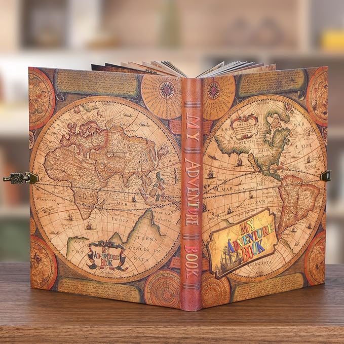 My Adventure Book Scrapbook – Retro-Style Embossed Photo Album with 124 Pages, DIY Memory Travel Journal for Couples, Anniversary, Wedding, and Valentine's Day Gifts(World Map Adventure Style)