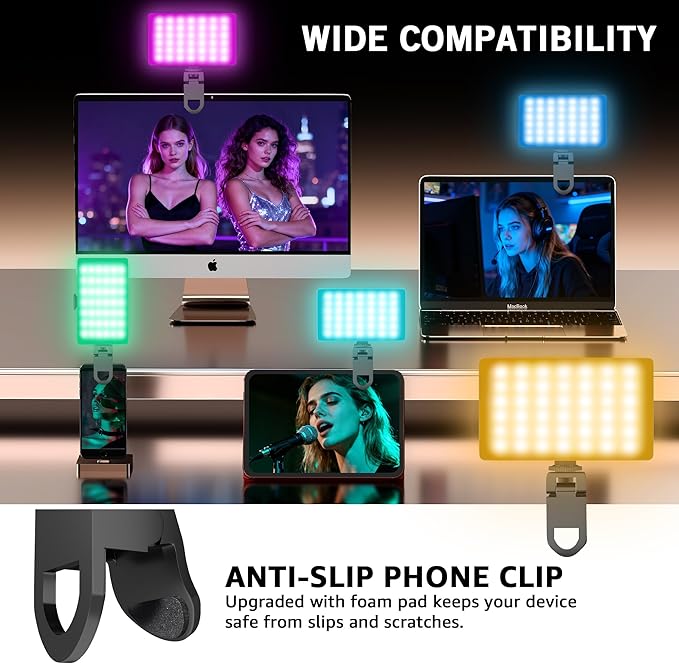 NiceVeedi RGB Selfie Light, 138 LED Beads Phone Light, 360° Full Color Camera Light with Clip and Cold Shoe, CRI95+/180 Minutes Rechargeable Video Light for Video Recording/iPhone/TikTok/Makeup/Zoom