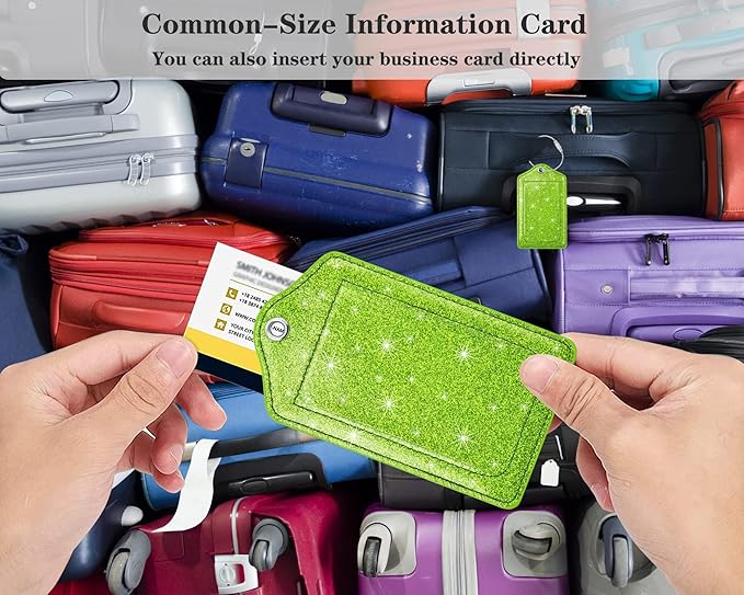 (Set of 2) Luggage Tag Leather Privacy Cover ID Label Address Card with Stainless Steel Loop, Travel Bag Tags Suitcase Labels, Glitter Chartreuse