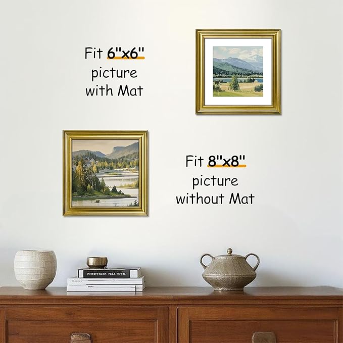 VIOLABBEY 8x8 Picture Frames Gold, Vintage Photo Frames Square, Fits Pictures 8 x 8 without Mat or 6x6 without Mat, Display for Tabletop and Wall