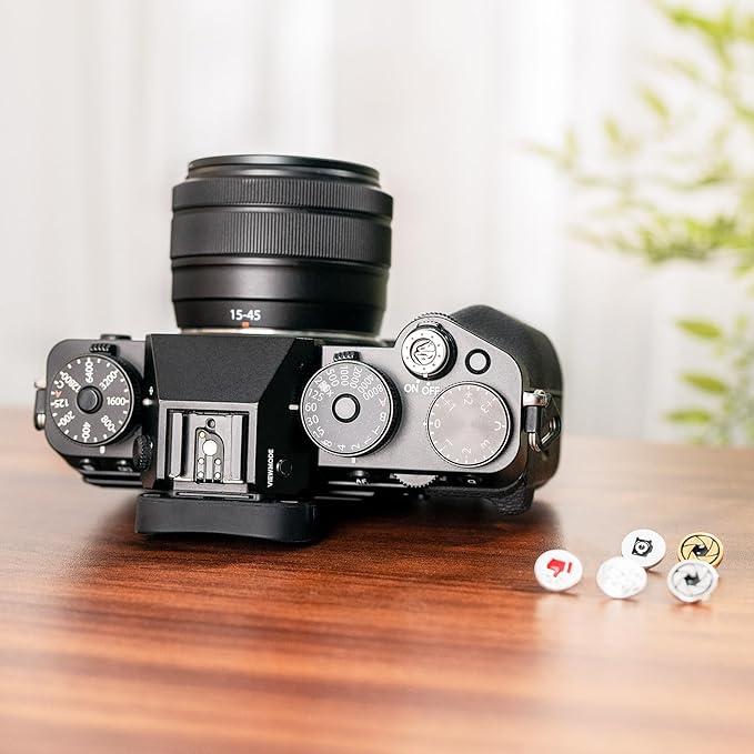 JJC Camera Soft Release Button, Shutter Button for Fuji Fujifilm X-M5 X-T5 X-T4 X-T50 X-T30 III II X-PRO3 X100VI X100V X-E5 X-E4 X Half Q3 M9 Sony RX10 IV RX10 III Nikon Zf Df, Golden Aperture Pattern