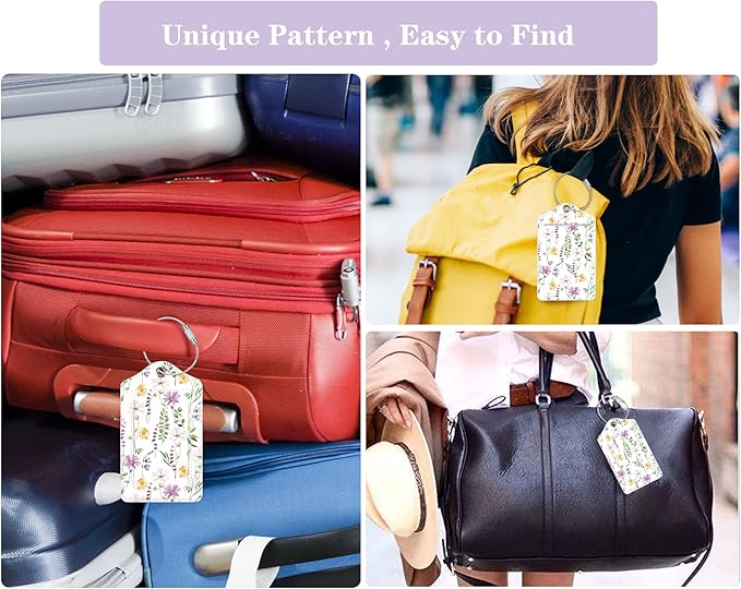 (Set of 2) Luggage Tag Leather Privacy Cover ID Label Address Card with Stainless Steel Loop, Travel Bag Tags Suitcase Labels, White Daisy