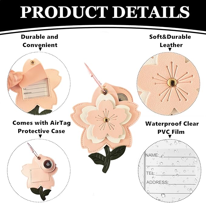 Cute Leather Luggage Tag Holder with Airtag Case Set,Hidden Compartment for AirTag Travel Suitcase Tracking Case with Stainless Steel Loop,Name ID Label(Pink Cherry Blossoms)