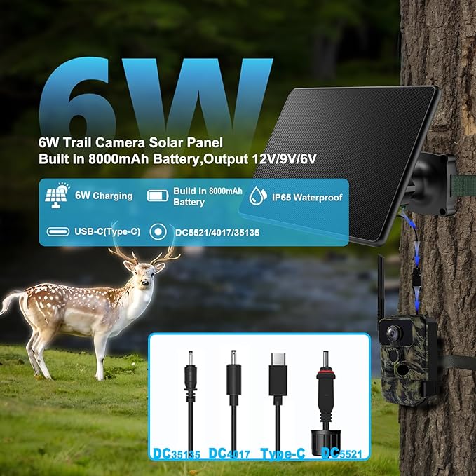 Trail Camera Solar Panel,6W Solar Battery Charger Kit 6V/2A 9V/2A 12V/2A with 8000mAh Battery for Hunting Camera,IP65 Waterproof Hunting Accessory,1.7/2.1/1.35mm DC &USB-C Connectors for Trail Cam