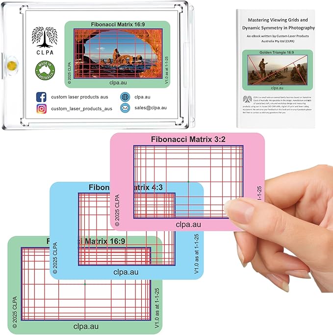 CLPA Fibonacci Matrix Viewfinder: Credit Card-Sized Composition Grids for Video, Photography & Art in 4:3, 3:2, & 16:9