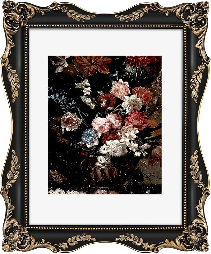 Black 11x14 Vintage Picture Frame with Mat for 8x10 or 11x14 Photos, Real Glass, Gothic Ornate Baroque Victorian Frames for Wall Hanging