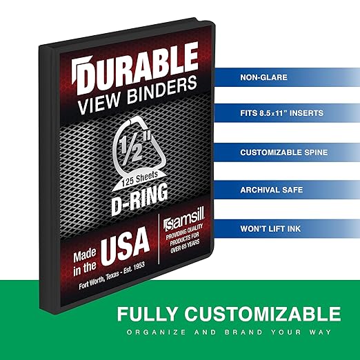 Samsill Durable 0.5 Inch Binder, Made in The USA, D Ring Binder, Customizable Clear View Cover, Charcoal Black, Holds 125 Pages