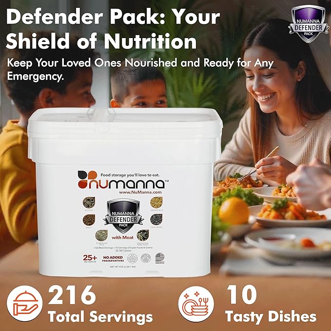 Numanna Defender Pack with Meat Bucket 1,296 Servings | 6-Months Emergency Food Supply with Protein | Easy-to-Prepare Survival Meals for Camping & Daily Use | 25+ Year Shelf Life | Made in USA