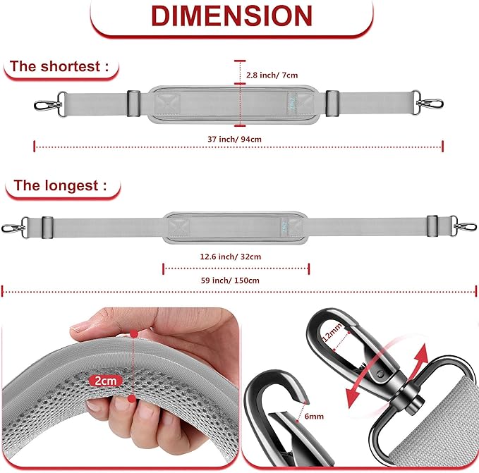 ZINMARK Shoulder Strap 59 inch, Extra-Thick Fixed Cushion Pad and Dual Clasps Universal Replacement Strap for Bags, Camera, Crossbody，Lawn mower -Gray