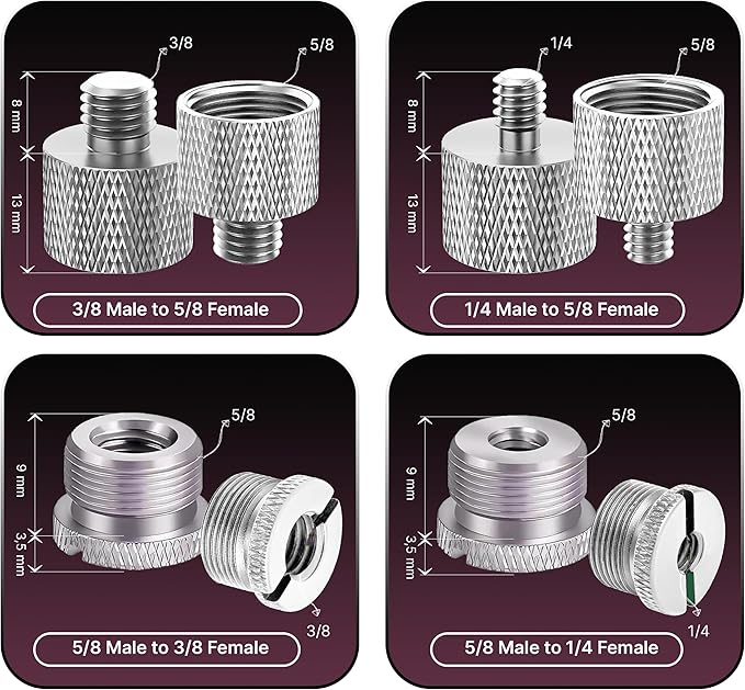 IXTECH Mic Stand Adapter Set 8 pc - Metal Tripod Adapters Female-Male 5/8-3/8, 3/8-5/8, 5/8-1/4, 1/4-5/8 ADP02 Silver