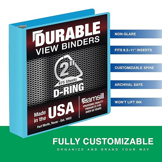 Samsill Durable 2 Inch Binder, Made in The USA, D Ring Binder, Customizable Clear View Cover, Sky Blue, Holds 475 Pages