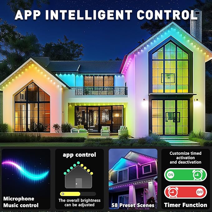 Permanent Outdoor Lights,190FT RGB Eave Light,IP67 Waterproof Lighting for House,Smart LED with App/Remote Control for Outdoor Decor,Garden Decor,Party,Holiday