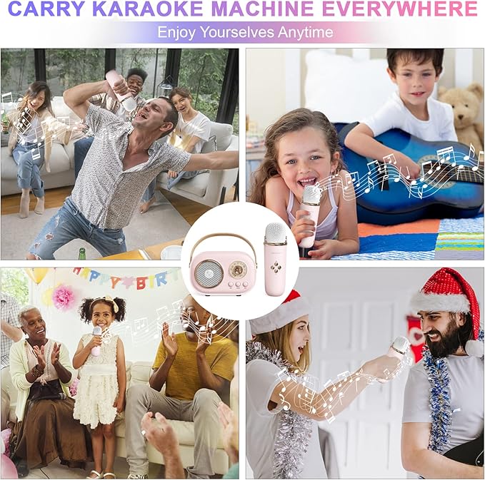 Mini Karaoke Machine for Kids,Portable Bluetooth Speaker with 2 Wireless Microphone,Toys for Girls Boys Gifts,Retro Speaker Set Stereo Sound Enhanced Bass for Home Party Birthday (Pink)