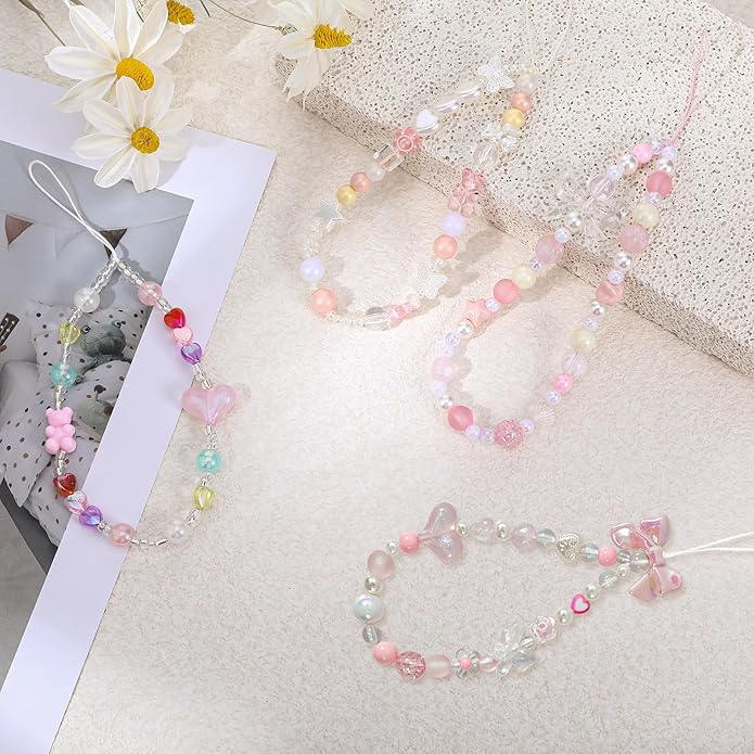 Pink Beaded Phone Wrist Straps, Y2K Phone Case Charms Camera Charm Strap, Lanyard Keychain Wristlet Aesthetic Cellphone Charm