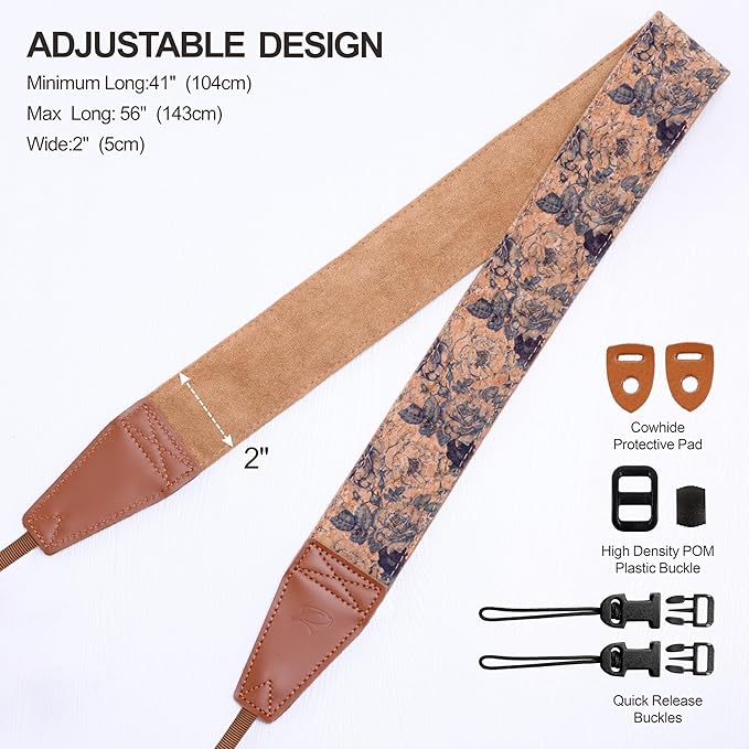 Padwa Lifestyle Cork Camera Strap - 2" Top Layer Cowhide Head Camera Straps for Photographers,Natural Log Crackle Art Print Style,Soft Chamois Velvet Padded Strap Quick Release fits All Cameras