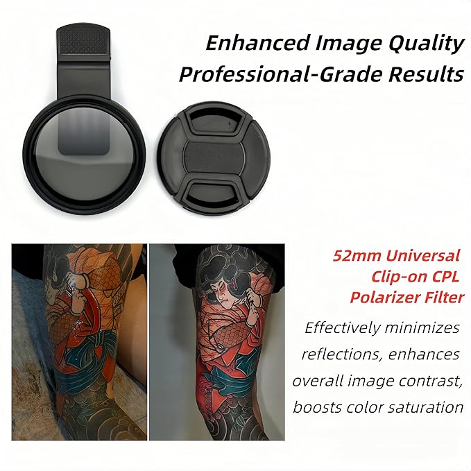 CPL Polarizer Filter & Adjustable Phone Light Tripod Set, Rechargeable LED Photography Selfie Tattoo Fill Light Clip, 52mm Universal Clip-on Circular Polarizer Lens Filter for Reducing Reflections