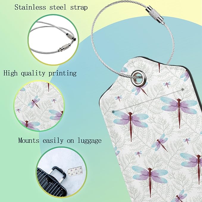Dragonfly Luggage Tag,Pink Blue Leaves Luggage Tags of Set 2 Leather Identifiers Privacy Cover with Stainless Steel Loop for Women Men Travel Bag Suitcase