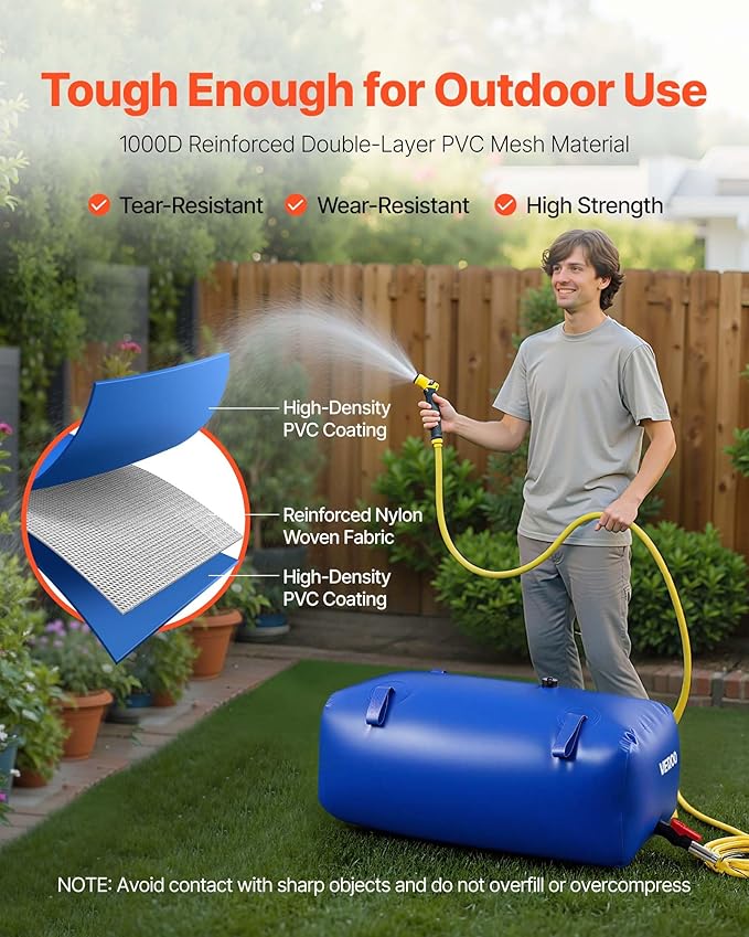 VEVOR Water Storage Bladder 30 Gallon Large Capacity Water Bag, Portable & Collapsible Soft Waters Container, Leakproof & Tear-Resistant PVC Emergency Waters Storage Tank for RV Truck & Outdoor Use