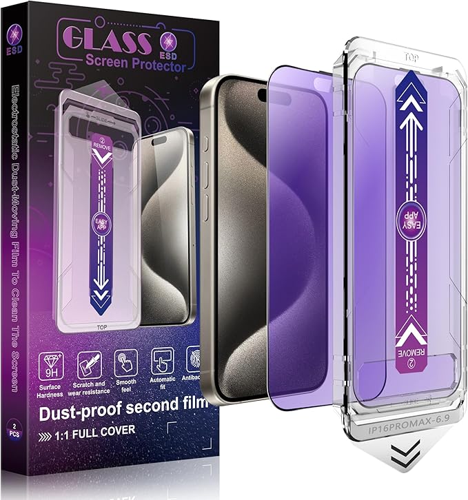 SHANG PIN JIA 2 Pack Anti Blue Light Matte Screen Protector for iPhone 16 Pro Max 6.9-Inch Auto Dust Removal, No Bubbles, Tempered Glass Film, Easy Installation