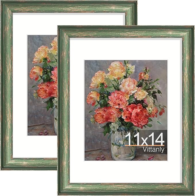 Vittanly 11x14 Picture Frames Set of 2, Ornate Vintage Photo Frame for Wall or Tabletop, Display 8x10 Pictures with Mat or 11x14 without Mat, Rustic Green