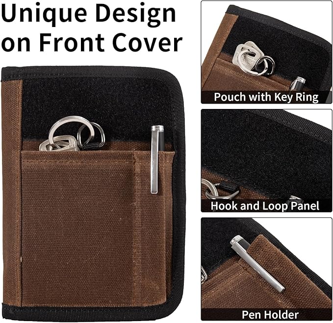 Field Notes Notebooks Cover for 3.5 X 5.5 Inch, Waxed Canvas Field Journal Covers With Notes Wallet, Water Resistant Journal Notebook Planner,Velcro Design and D-Ring Keychain (Brown)
