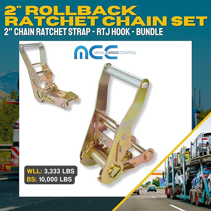 Mega Cargo Control 4 Pack 2" Chain Ratchet Strap w/RTJ Hook Tie Down Rollback, Bundle for Tow Truck Car Hauler
