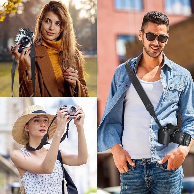 Neck Strap Silicone Camera Straps - Padded Camera Strap, 1.5" Wide Adjustable Nylon Shoulder Strap - Compatible with Canon, Nikon, Sony, and More DSLR and Mirrorless Cameras (Black)