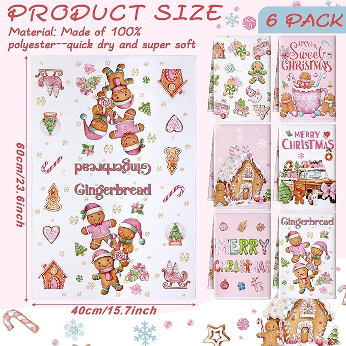 Preboun 6 Pcs Merry Christmas Kitchen Towels Gingerbread Decorative Hand Towels Sweet Cute Pink Dish Cloth Farmhouse Xmas Tea Cloth Kitchen Accessories Bathroom Decor