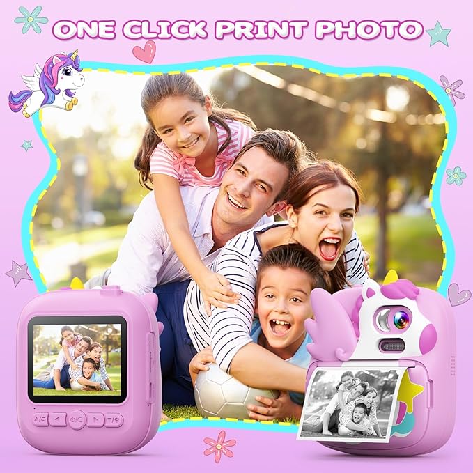 Kids Camera Instant Print, 12MP & 1080P Instant Camera for Kids with 32G Card & Print Paper, Selfie Digital Video for Toddler,Christmas Birthday Gifts for Girls Boy Age 3-12 (Purple)