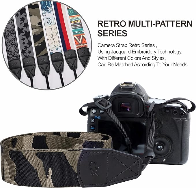 Padwa Lifestyle Camouflage Camera Strap - 2" Wide Genuine Leather Ends Camera Straps for Photographers, Vintage Forest Camo Strap with Camera Quick Release fits All Cameras