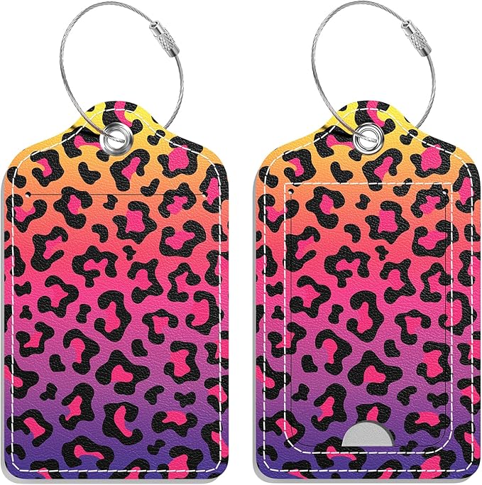Luggage Tags for Suitcase, 2 Pack PU Leather Travel Cruise Luggage Tag with Privacy Flap, Name ID Label and Metal Loop for Women Men Girls Suitcase Baggage Bag Backpack, Colorful Leopard