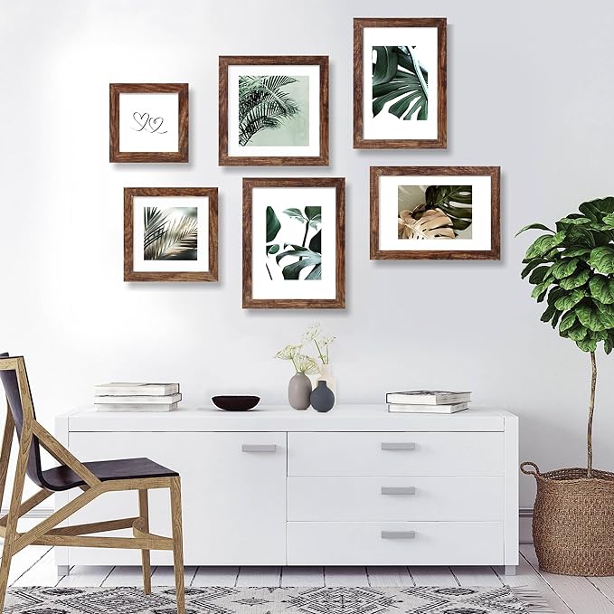 9x12 Picture Frame Set of 4, Made of Glass and Rustic Brown Wooden Frame - Display Picture 6x8 with Mat or 9 x 12 Without Mat, 9 by 12 Photo for Wall or Tabletop