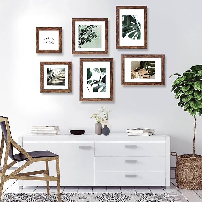10x14 Picture Frame Set of 4, Made of Glass and Rustic Brown Wooden Frame, Display 8x12 Pictures with Mat or 30 x 40cm Diamond Painting Art without Mat for Wall Mounting, Gallery Photo Frames