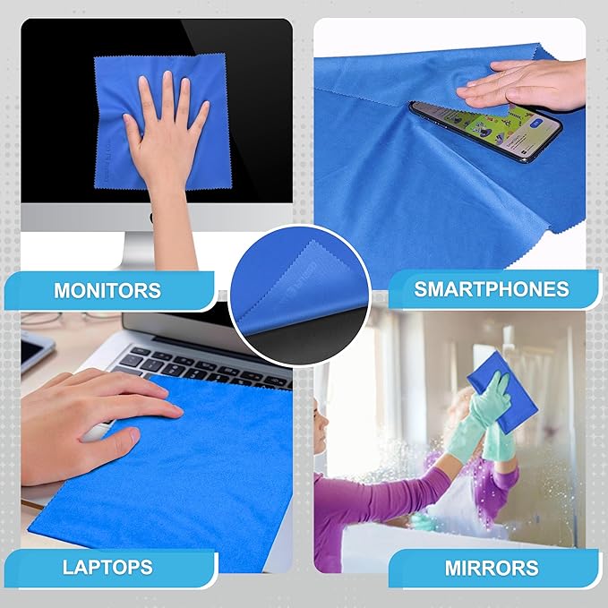 Eco-Fused Large Microfiber Cleaning Cloths - 4 Pack - 18 x 18 inch - Perfect for Wide Screen TVs, Large Computer Monitors- Also for Cleaning Glasses, Camera Lenses, Laptops and LCD Screens- Blue/Black